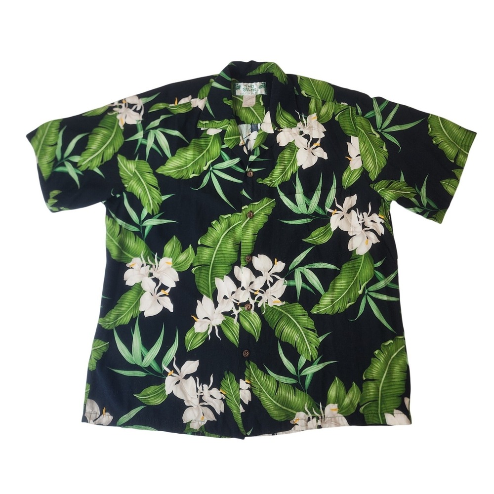 VTG Two Palms Hawaiian Shirt M Black Tropical Rayon Coconut Button Y2K Vacation